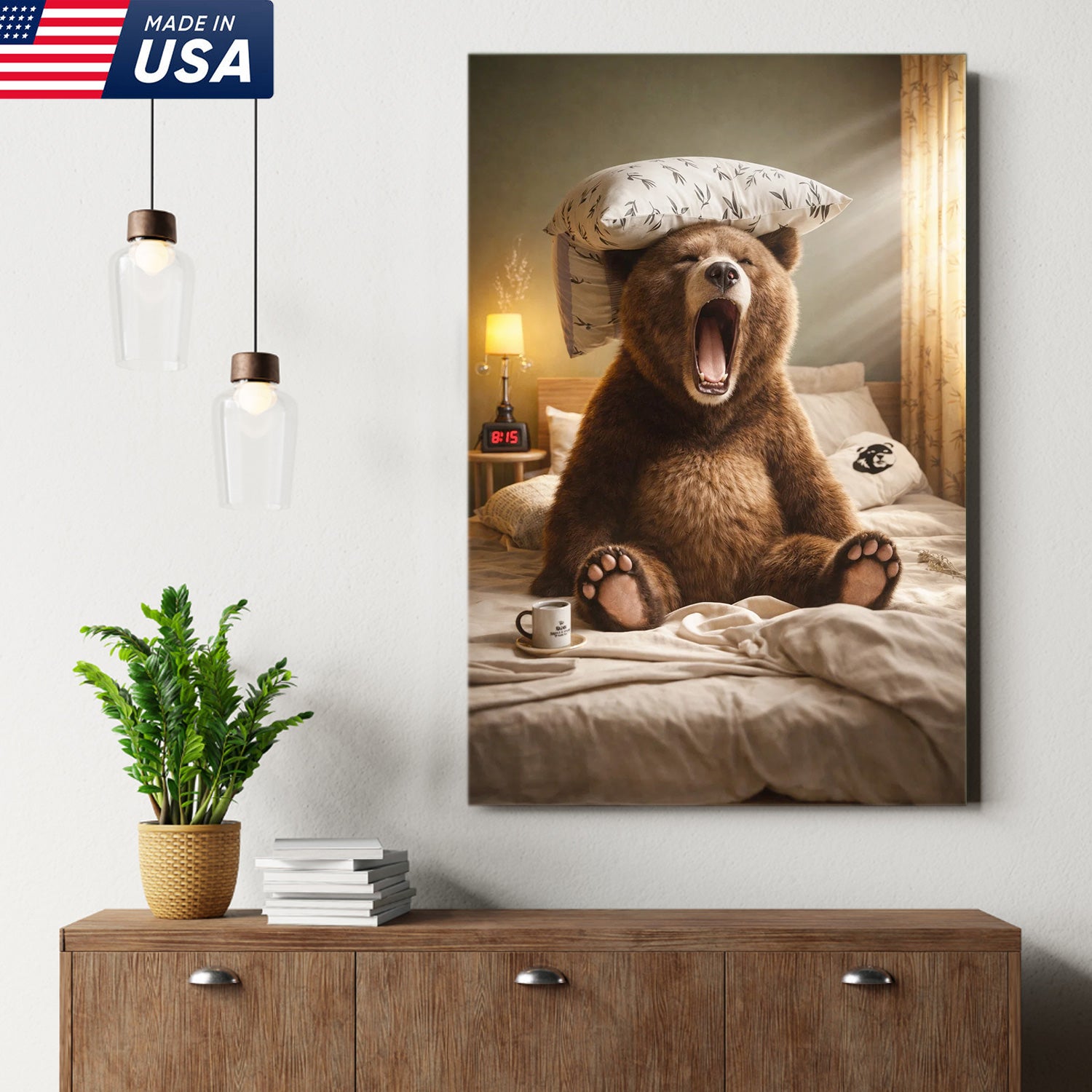 Funny Sleepy Bear Canvas Wall Art, Yawning Bear in Bed with Pillow, Cozy Bedroom Animal Art