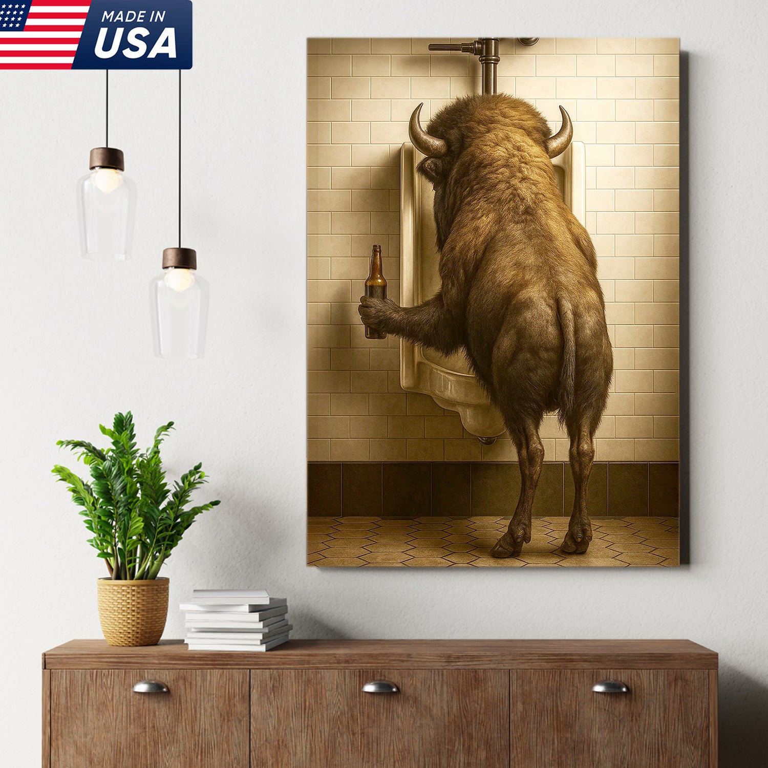 Funny Bison Canvas Wall Art - Rustic Bathroom Lodge Decor for Hunters - Unique Wildlife Cabin Print