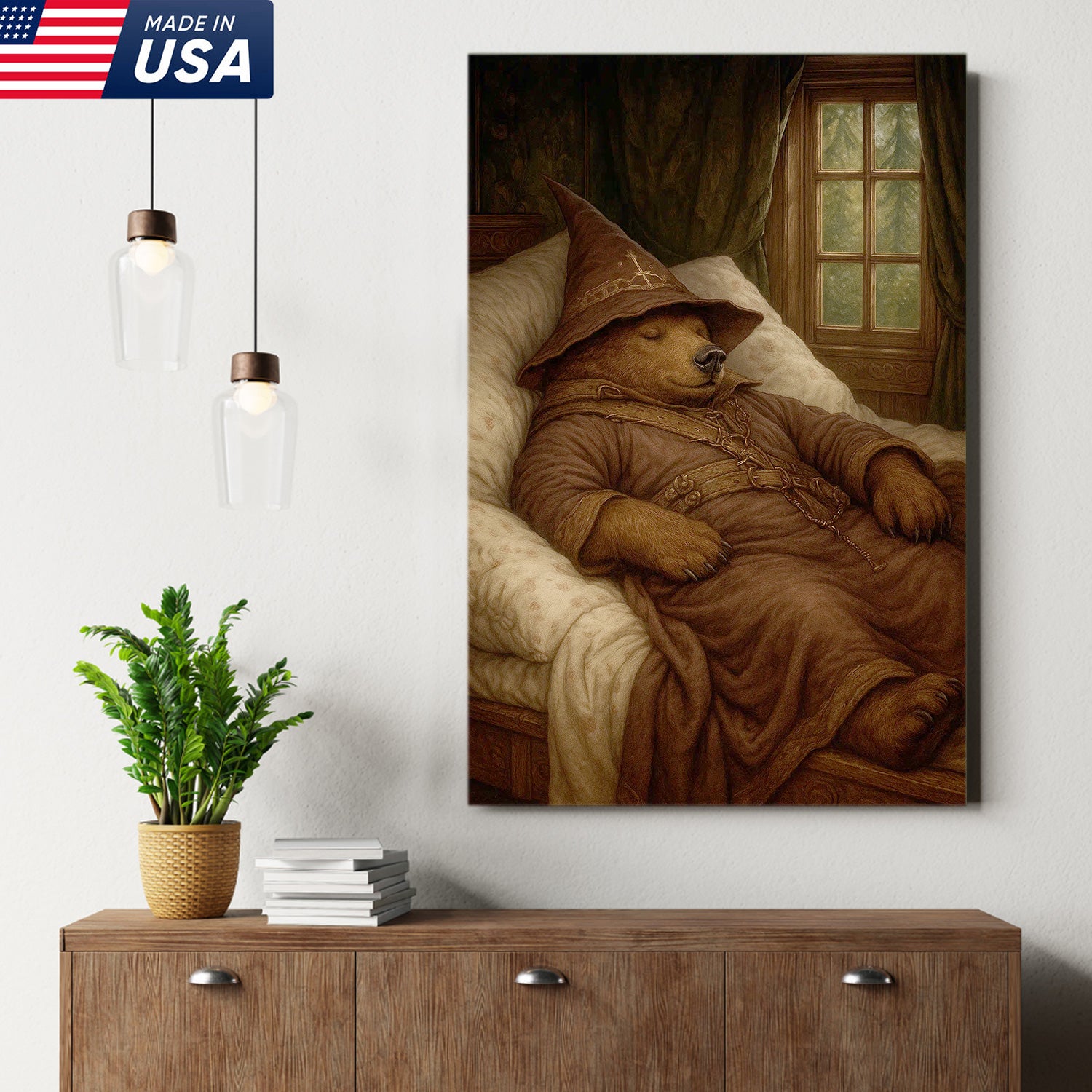 Sleeping Wizard Bear Canvas Wall Art, Cozy Fantasy Animal Poster
