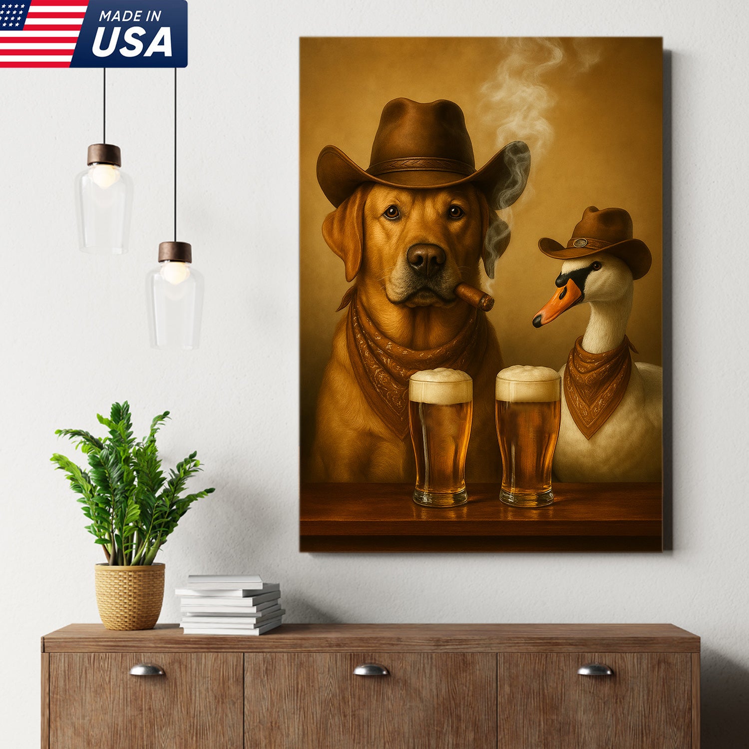 Funny Cowboy Dog & Geese Wall Art Canvas – Funny Beer & Smoking Canvas for Hunters, Cabin, Bar & Man Cave Decor
