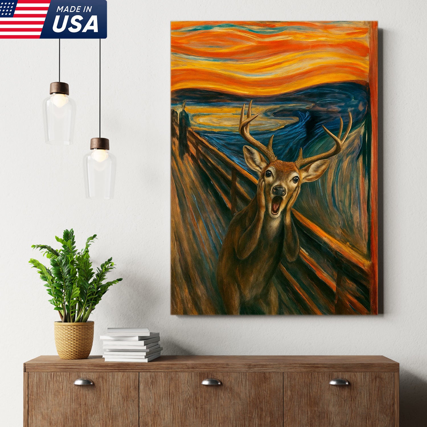 Funny Deer Wall Art Canvas – The Scream Parody Hunting Decor – Rustic Wildlife Home Decoration