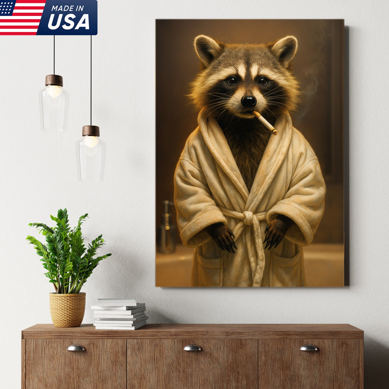 Hilarious Raccoon Bathrobe Canvas – Cozy Bathroom Humor Wall Art, Man Cave Decor