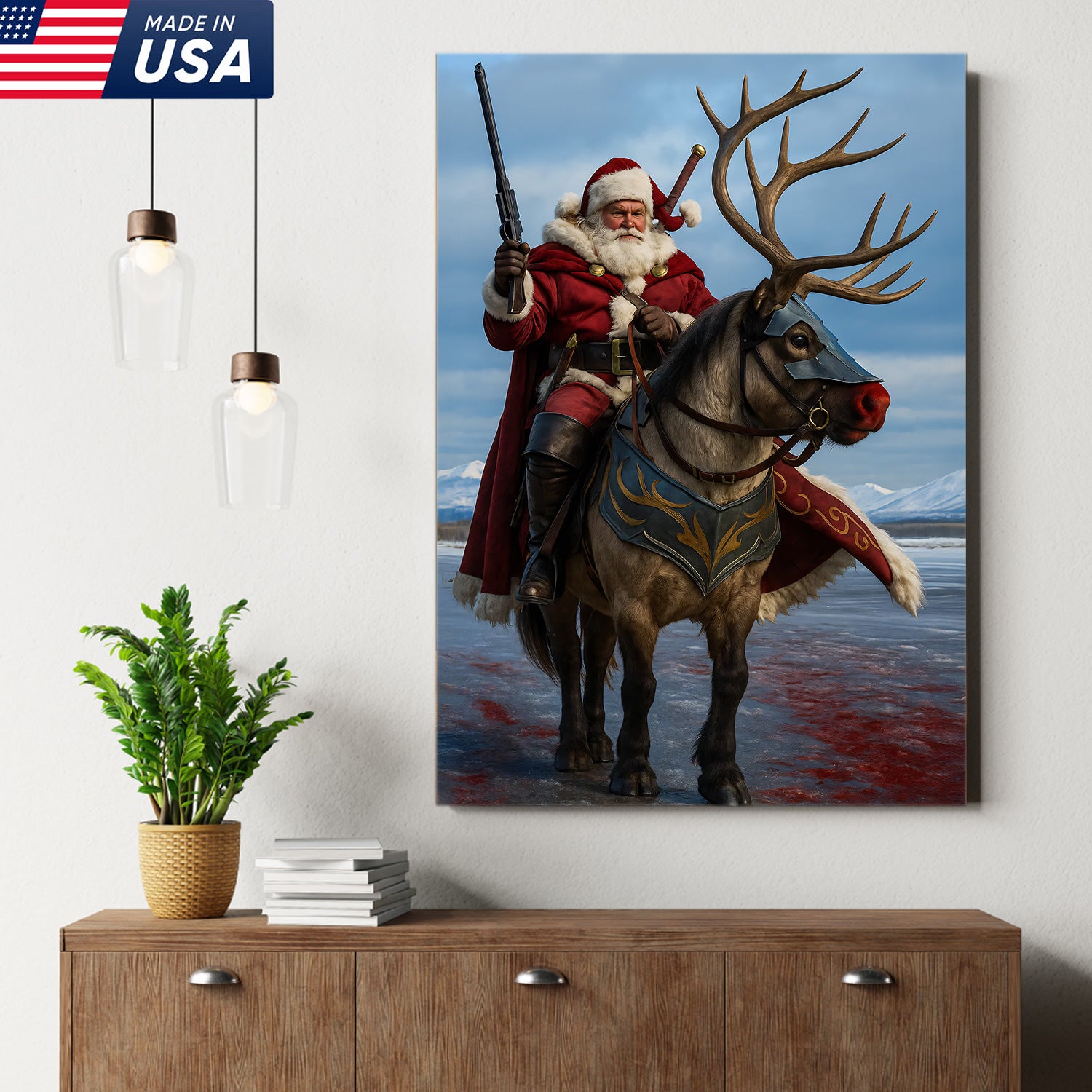 Epic Santa Riding Reindeer Canvas Wall Art, Fantasy Warrior Santa on Armored Reindeer Poster, Winter Christmas Wall Decor Print