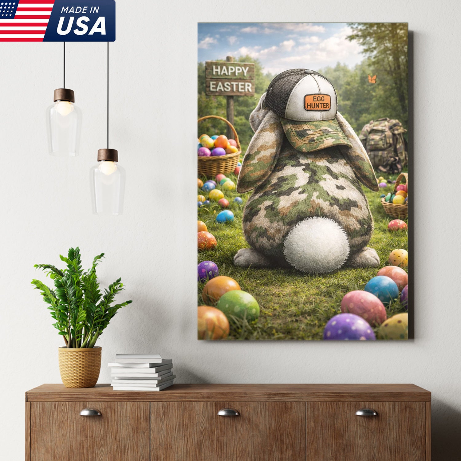 Funny Easter Bunny Hunter Canvas Wall Art, Camo Rabbit with Egg Hunter Hat