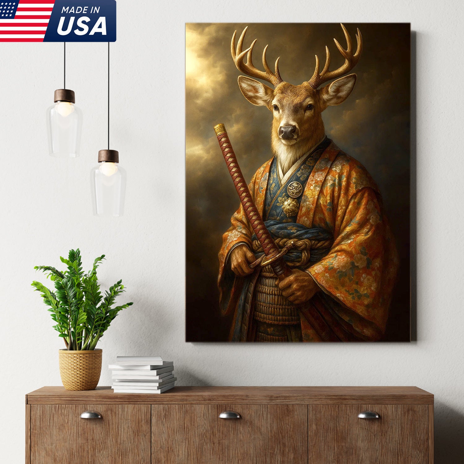 Deer Canvas Wall Art – Majestic Samurai Buck with Katana Warrior Rustic Lodge Decor