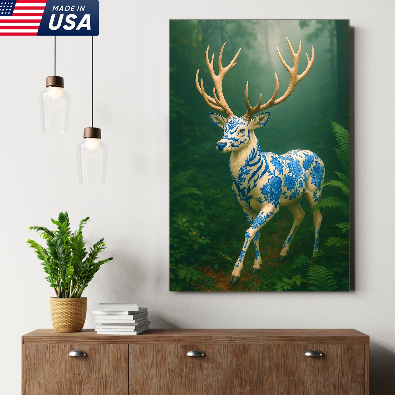Blue Porcelain Deer Canvas, Elegant Woodland Art Print for Nature Lovers