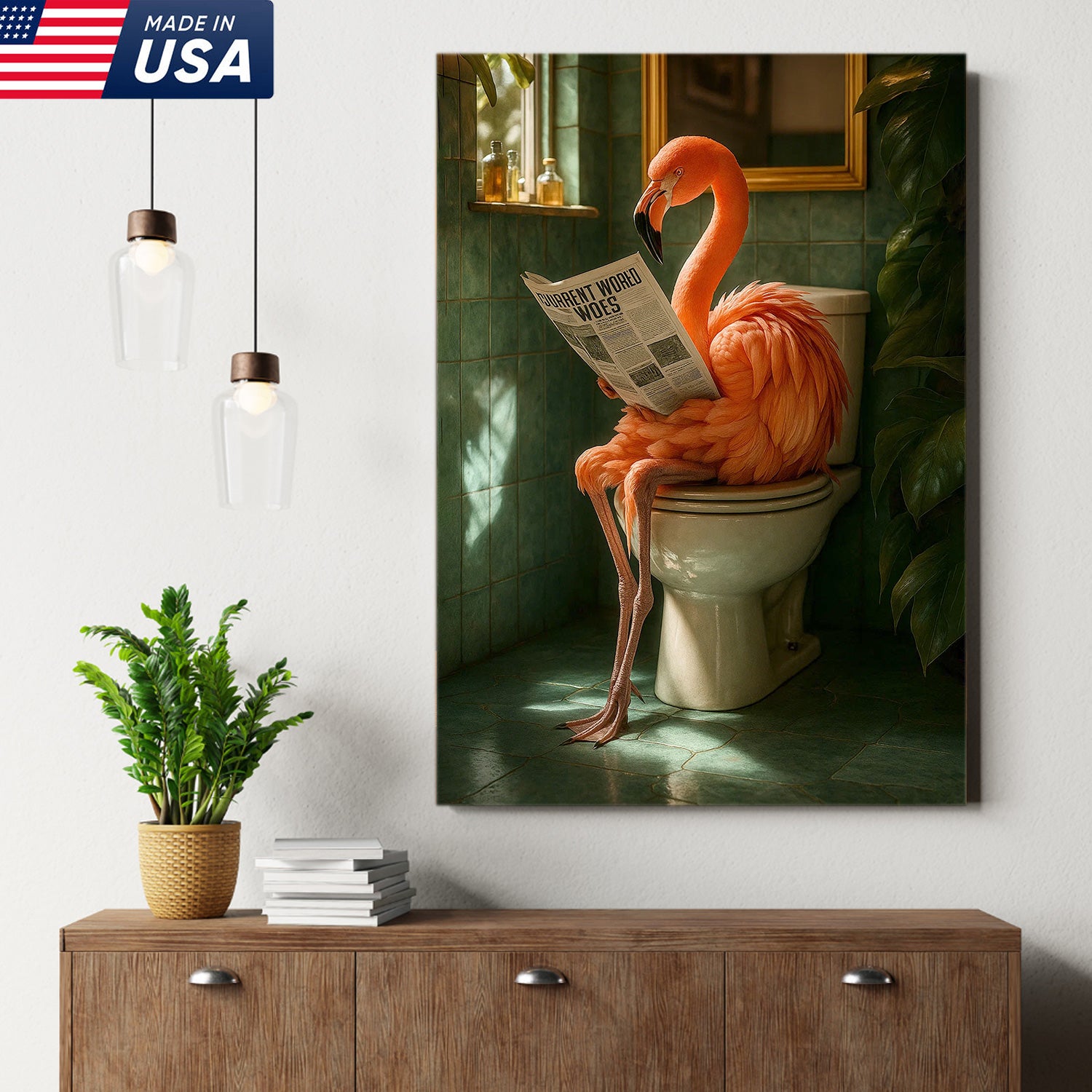 Funny Flamingo Bathroom Canvas Wall Art – Quirky Bird Reading Newspaper Print – Humorous Home Decor