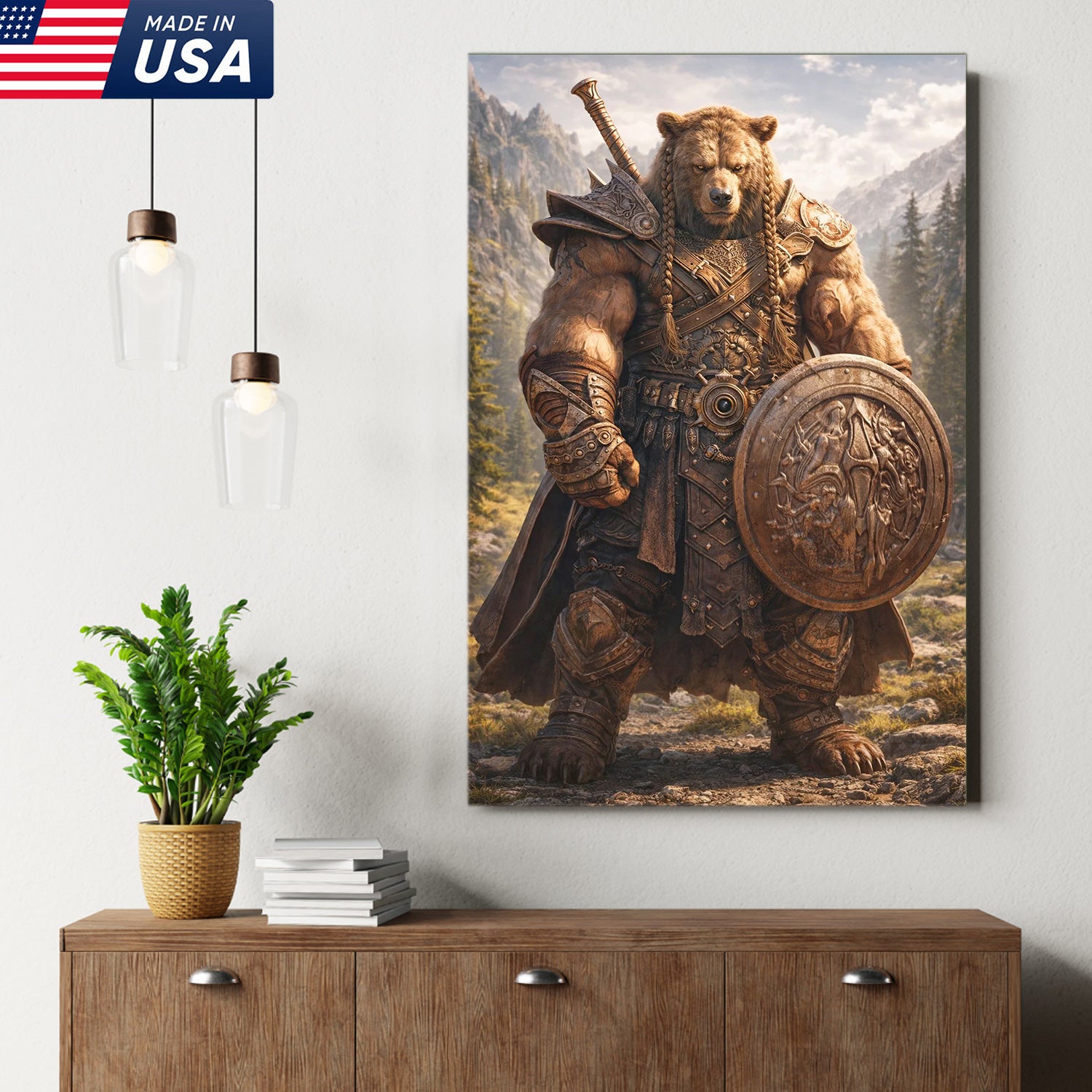 Viking Bear Warrior Canvas Wall Art – Epic Fantasy Animal Print with Sword & Shield