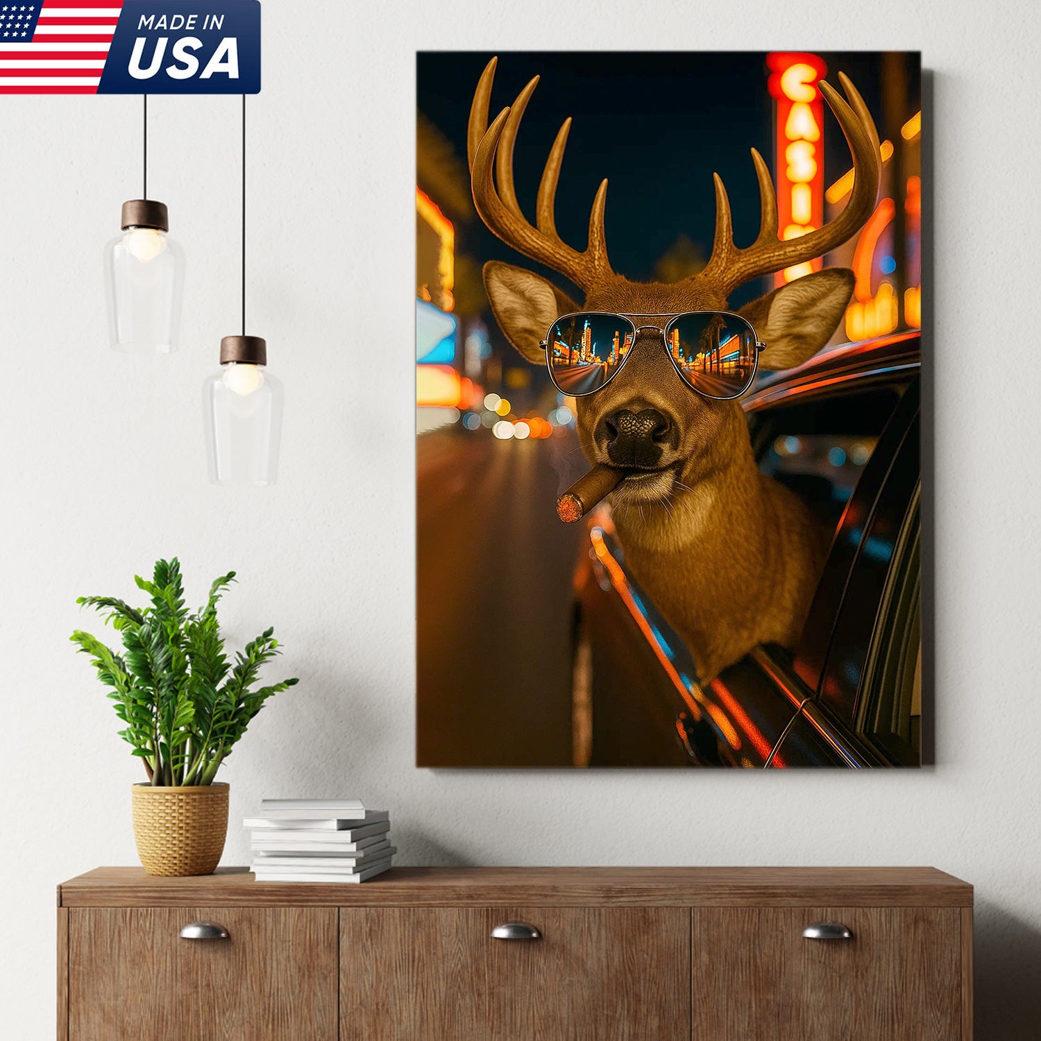 Cool Deer Canvas Wall Art - Funny Rustic Lodge Decor with Sunglasses and Night City Vibes - Unique Wildlife Cabin Print