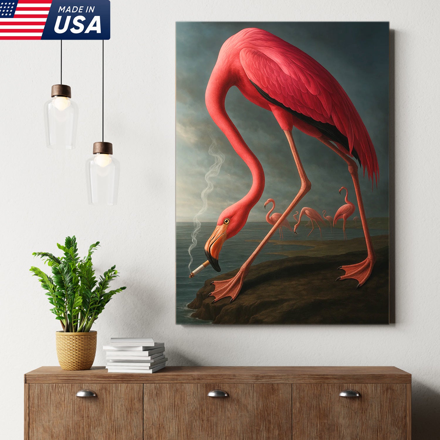 Cool Flamingo Canvas Wall Art – Funny Pink Bird Beach Decor – Unique Coastal Wildlife Print