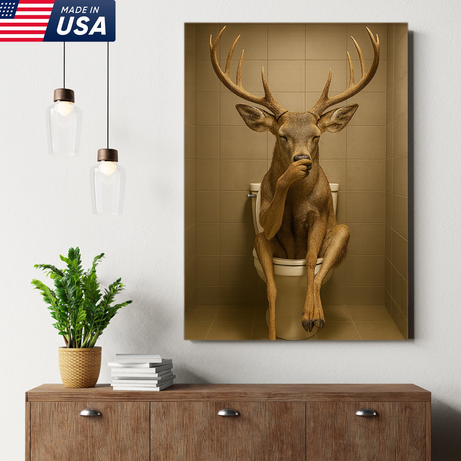 Funny Deer Bathroom Canvas Wall Art – Rustic Toilet Canvas for Cabin, Lodge & Man Cave Decor
