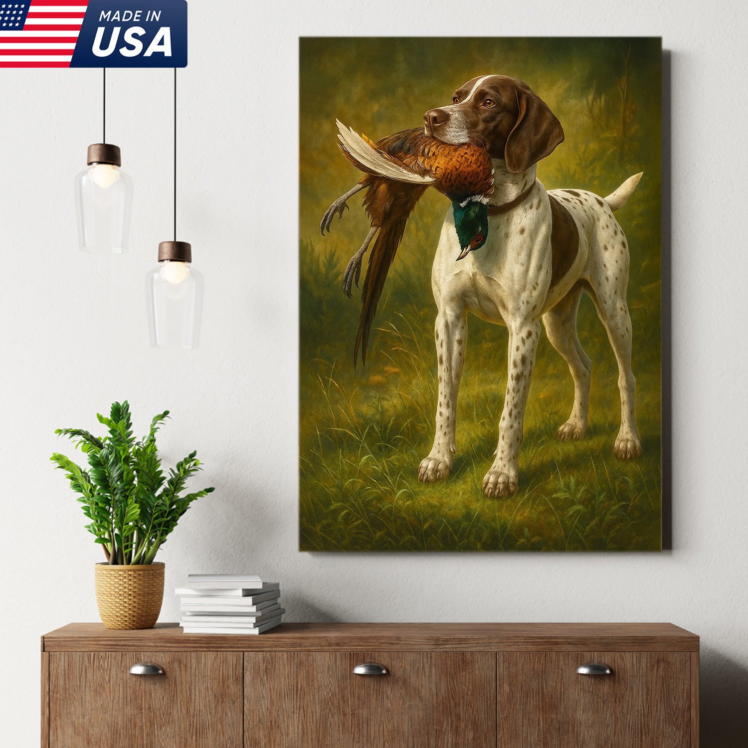 Hunting Dog Canvas Wall Art – Hunting Dog with Pheasant – Rustic Wildlife Canvas Print for Hunter Lodge Decor