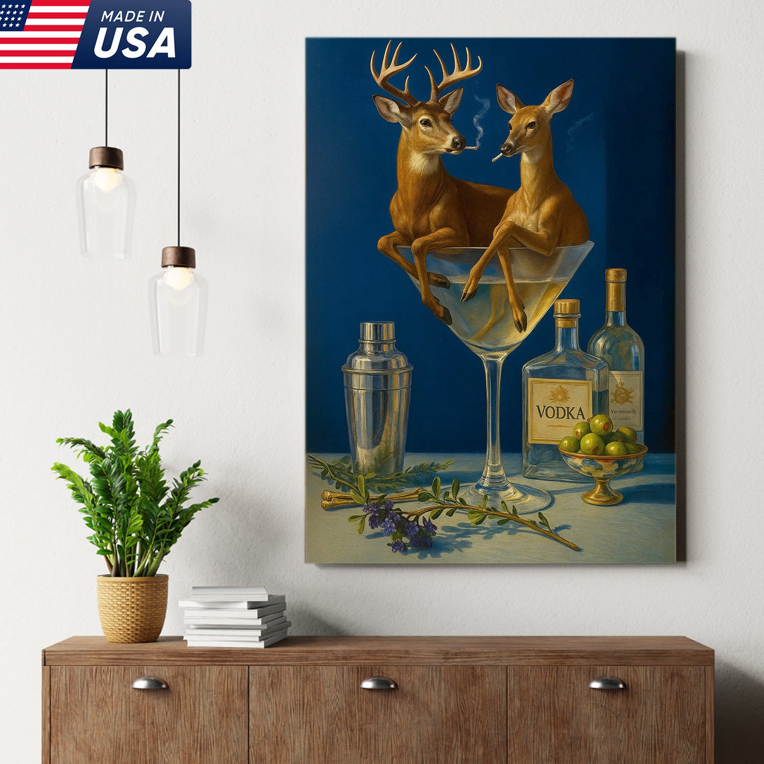 Funny Deer Couple Wall Art Canvas – Whimsical Buck and Doe in Martini Glass – Rustic Lodge Hunting Decor for Home Bar