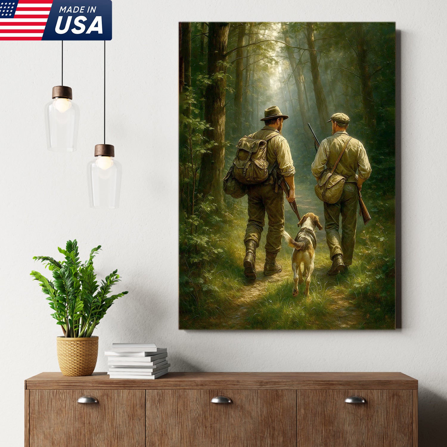 Hunting Canvas Wall Art – Hunters Walking with Dog in Forest – Rustic Cabin Decor for Lodge and Outdoor Enthusiasts