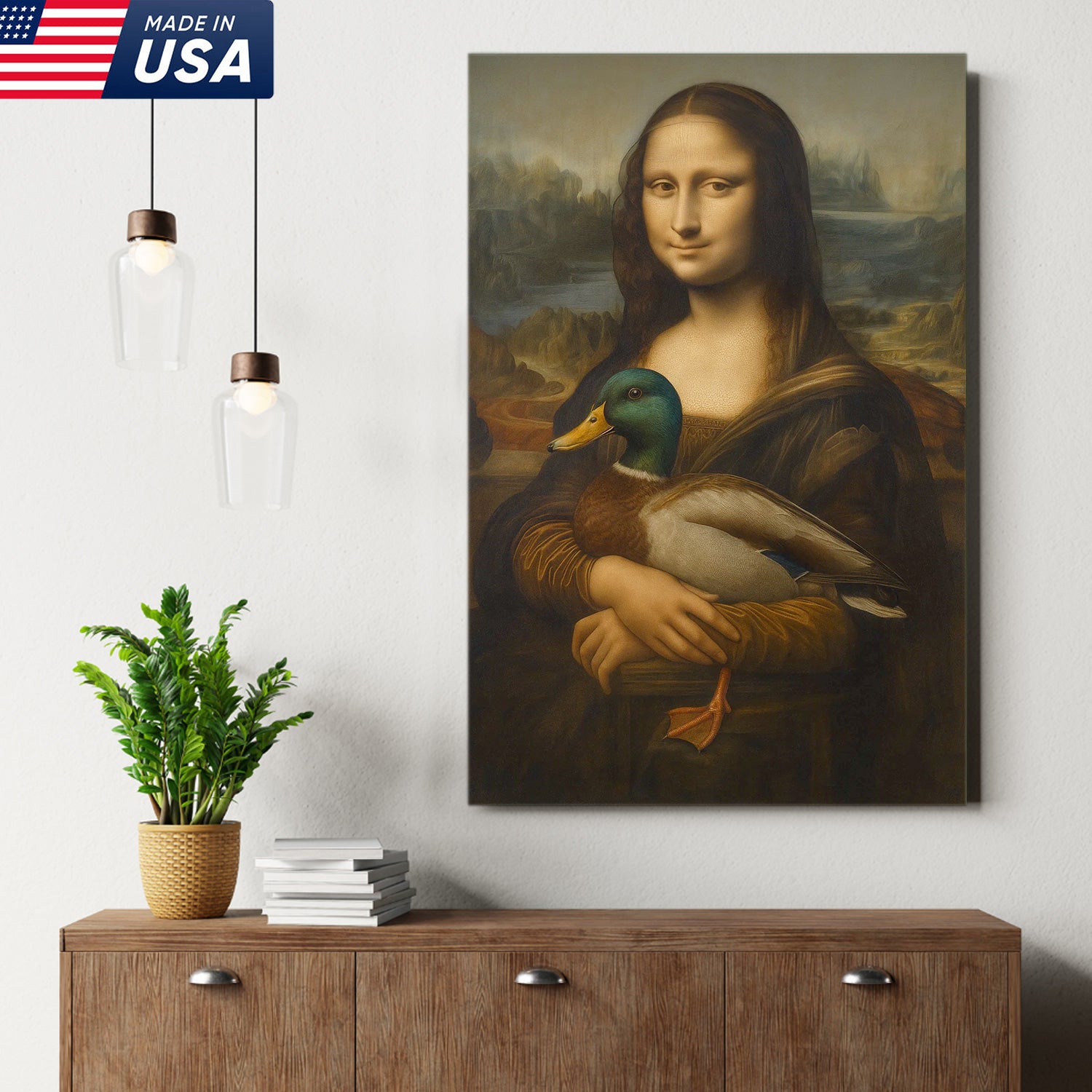 Funny Mona Lisa Duck Canvas Wall Art, Quirky Parody Painting Print for Bathroom or Office