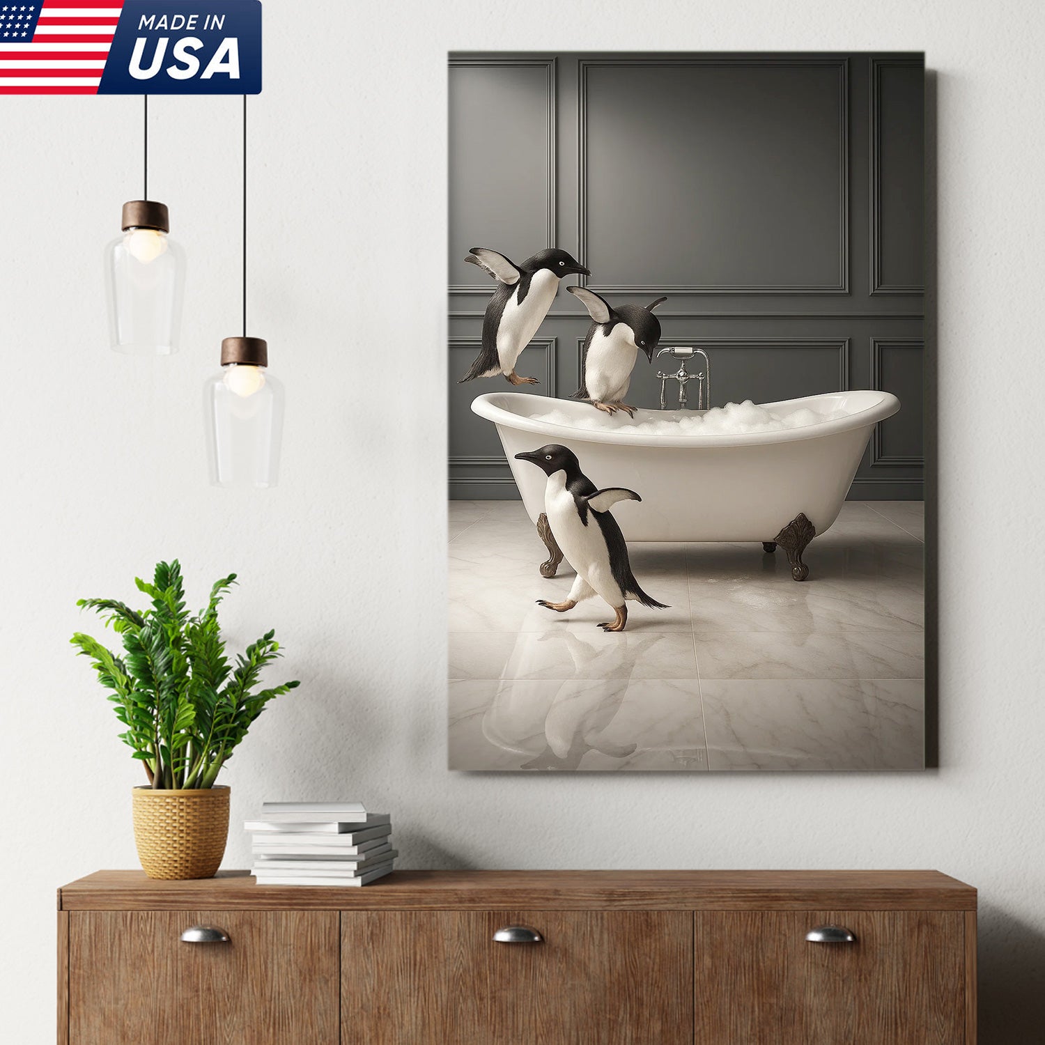 Penguin Bathroom Wall Art Canvas, Cute Penguins Bubble Bath Kids Bathroom Decor