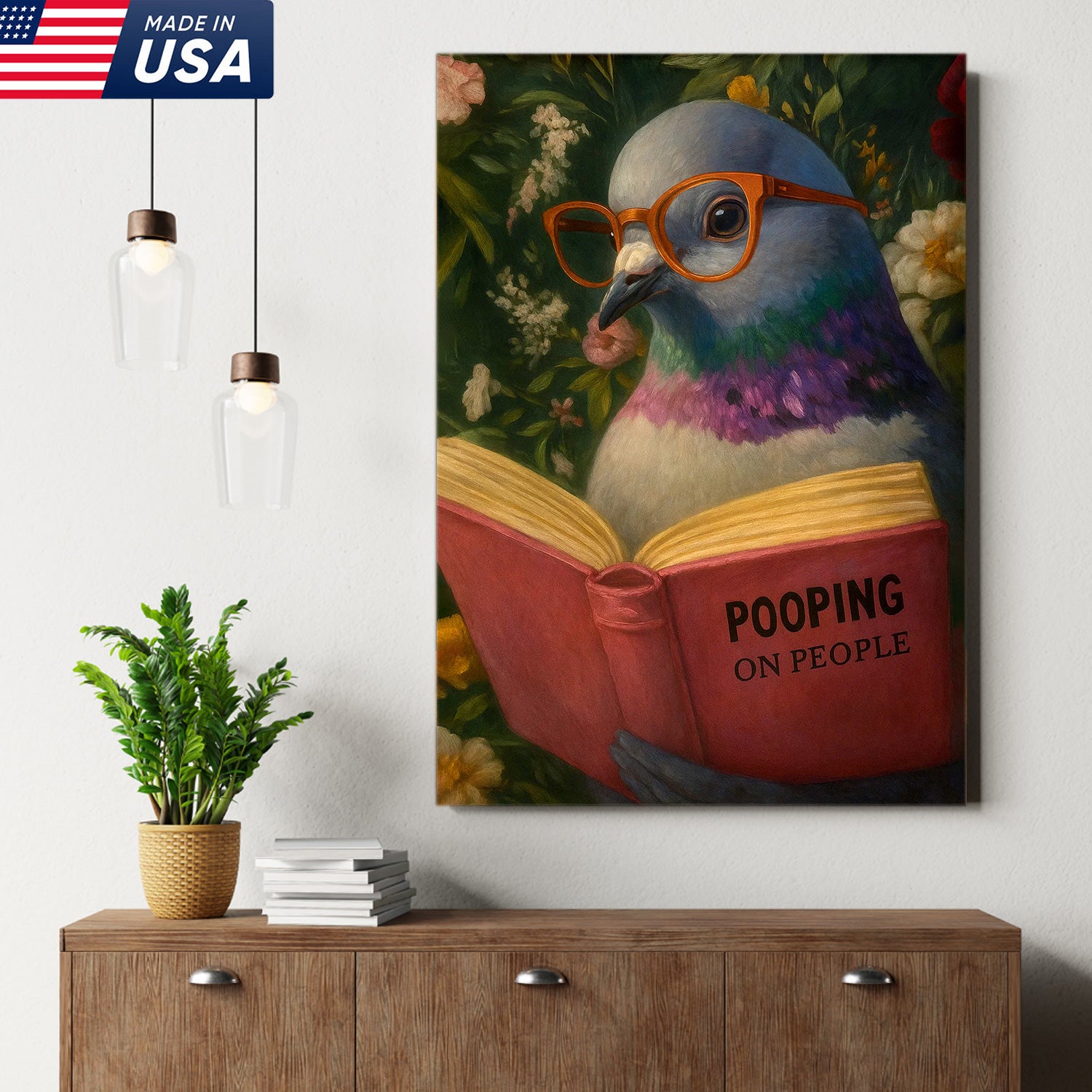 Funny Pigeon Canvas Wall Art - Reading Bird with Glasses Design - Quirky Animal Artwork for Home Decor