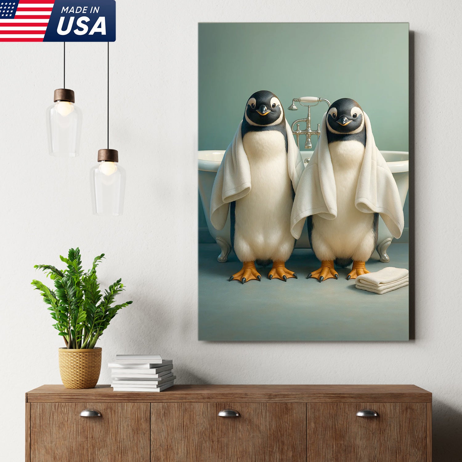 Cute Penguin Twins Bathroom Wall Art Canvas, Adorable Towel Penguins Kids Bath Decor