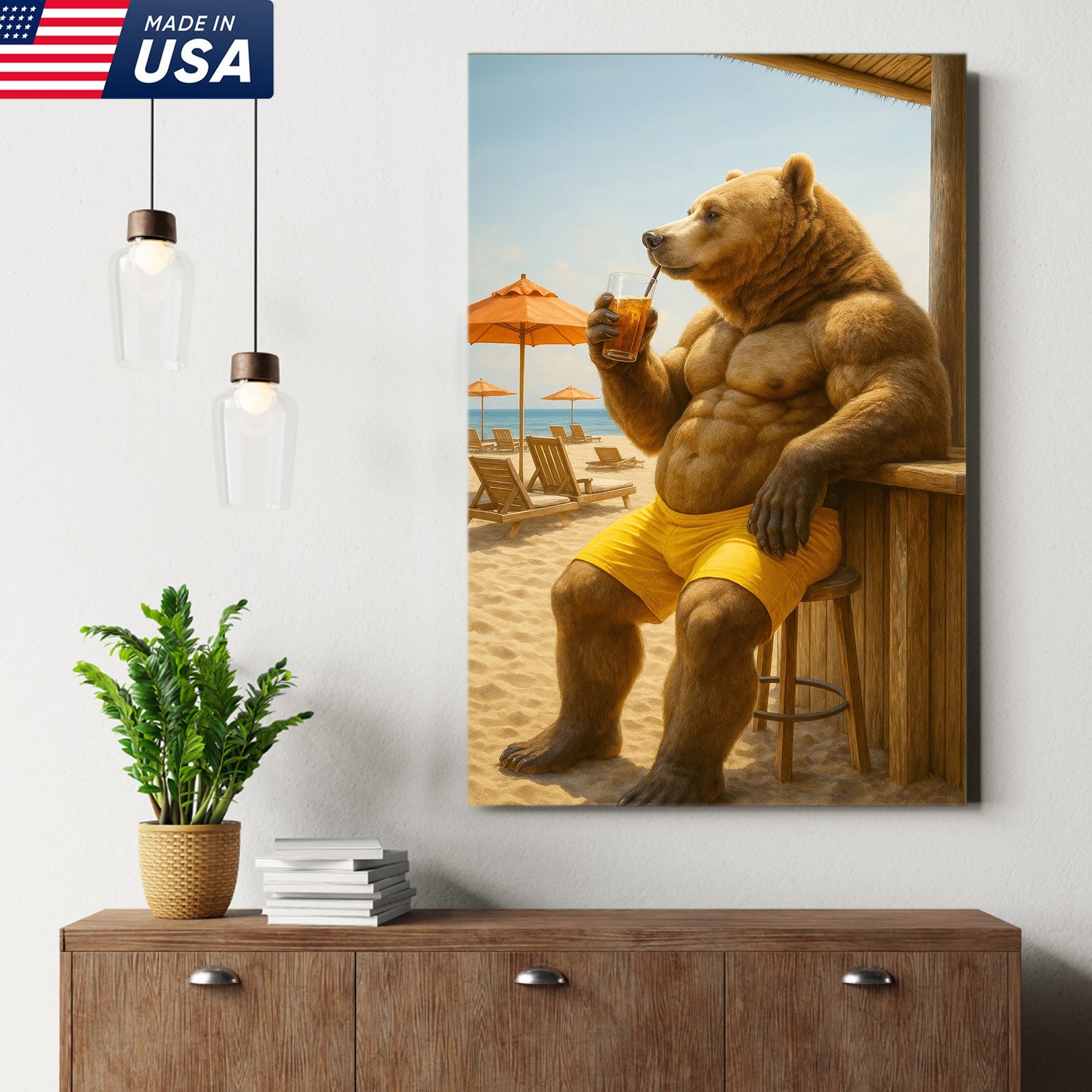 Funny Beach Bear Canvas Wall Art, Summer Vacation Animal Artwork, Humorous Muscle Bear Decor, Tropical Coastal Cabin Painting