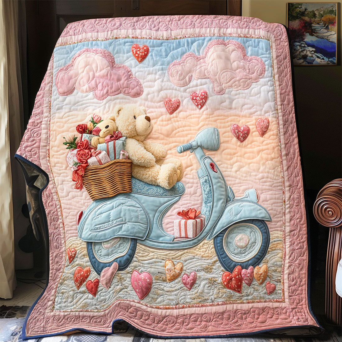Velentine Scooter And Bear Quilt Blanket