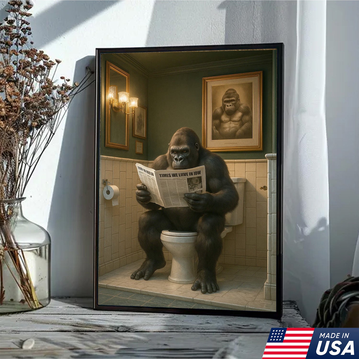 Funny Gorilla Bathroom Wall Art Canvas, Toilet Humor Decor for Men’s Restroom