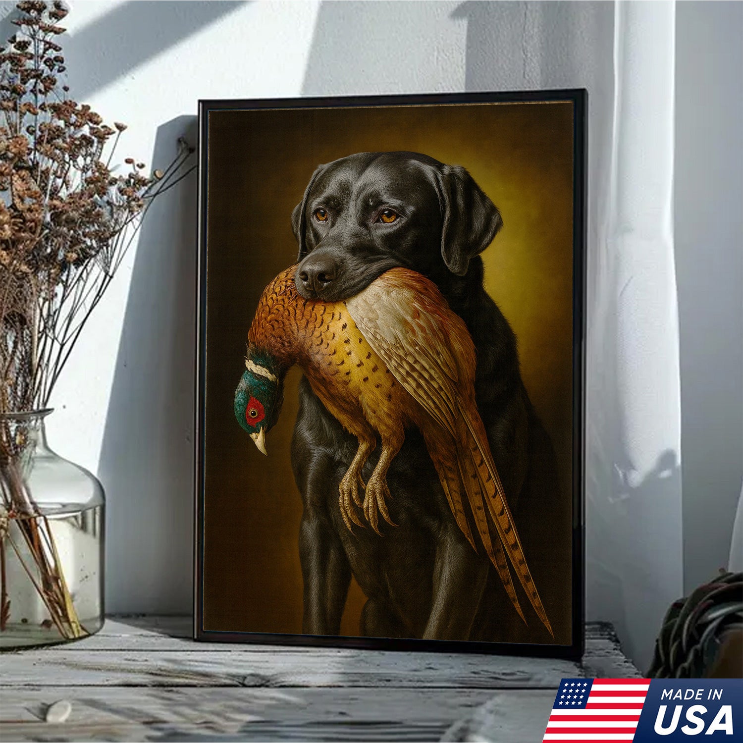 Hunting Dog Wall Art Canvas – Retriever & Pheasant Canvas Print for Hunters, Rustic Cabin Decor