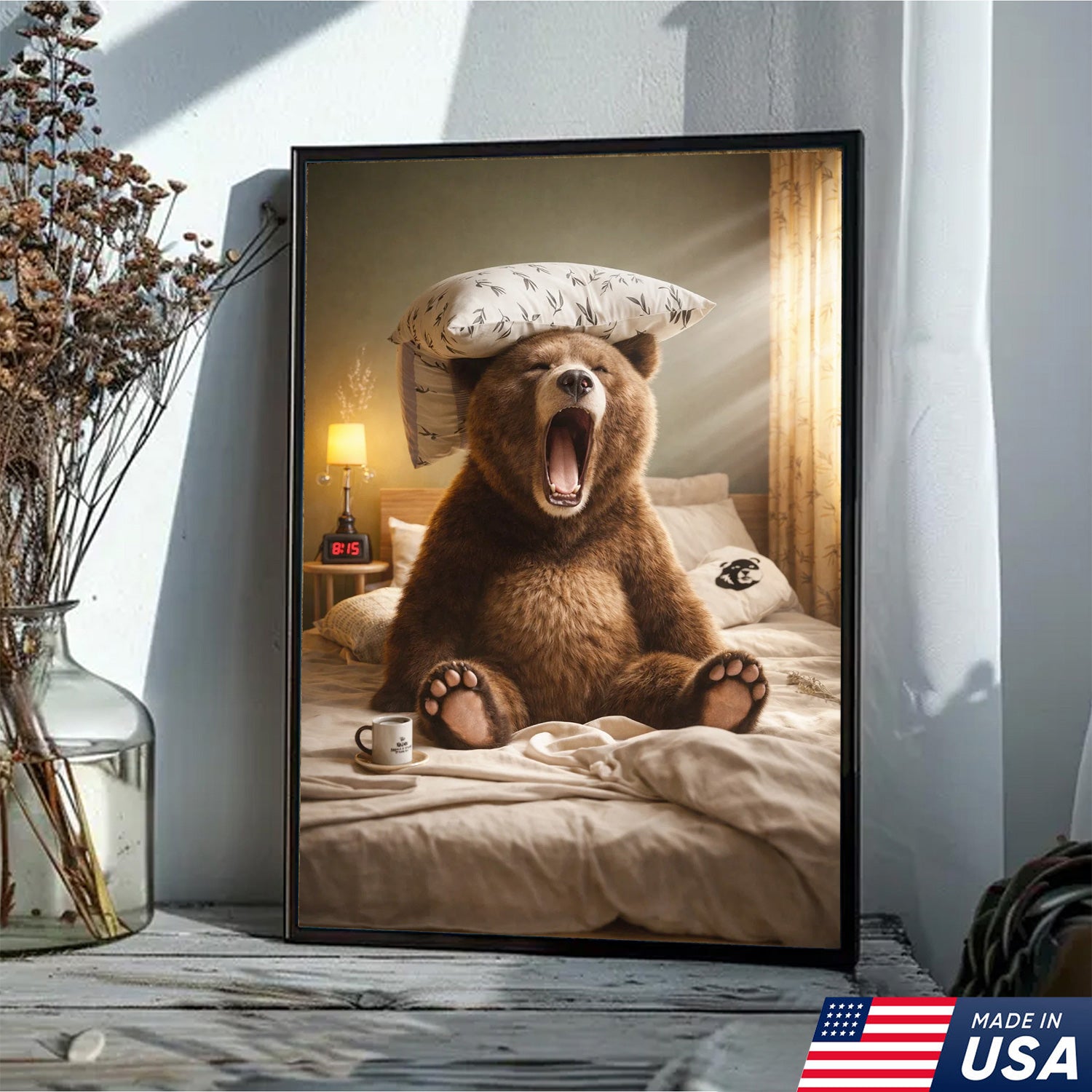 Funny Sleepy Bear Canvas Wall Art, Yawning Bear in Bed with Pillow, Cozy Bedroom Animal Art