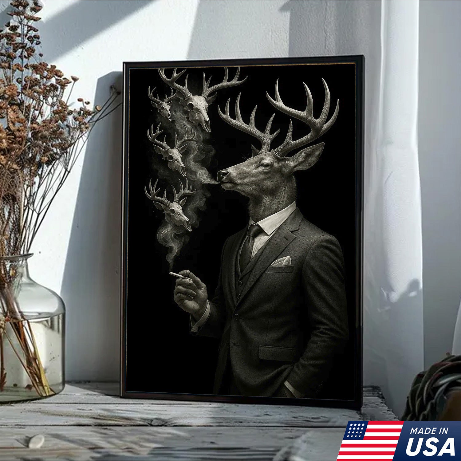 Gentleman Deer Canvas Wall Art, Elegant Buck in Suit Artwork, Rustic Cabin Decor for Hunters, Modern Wildlife Portrait Painting