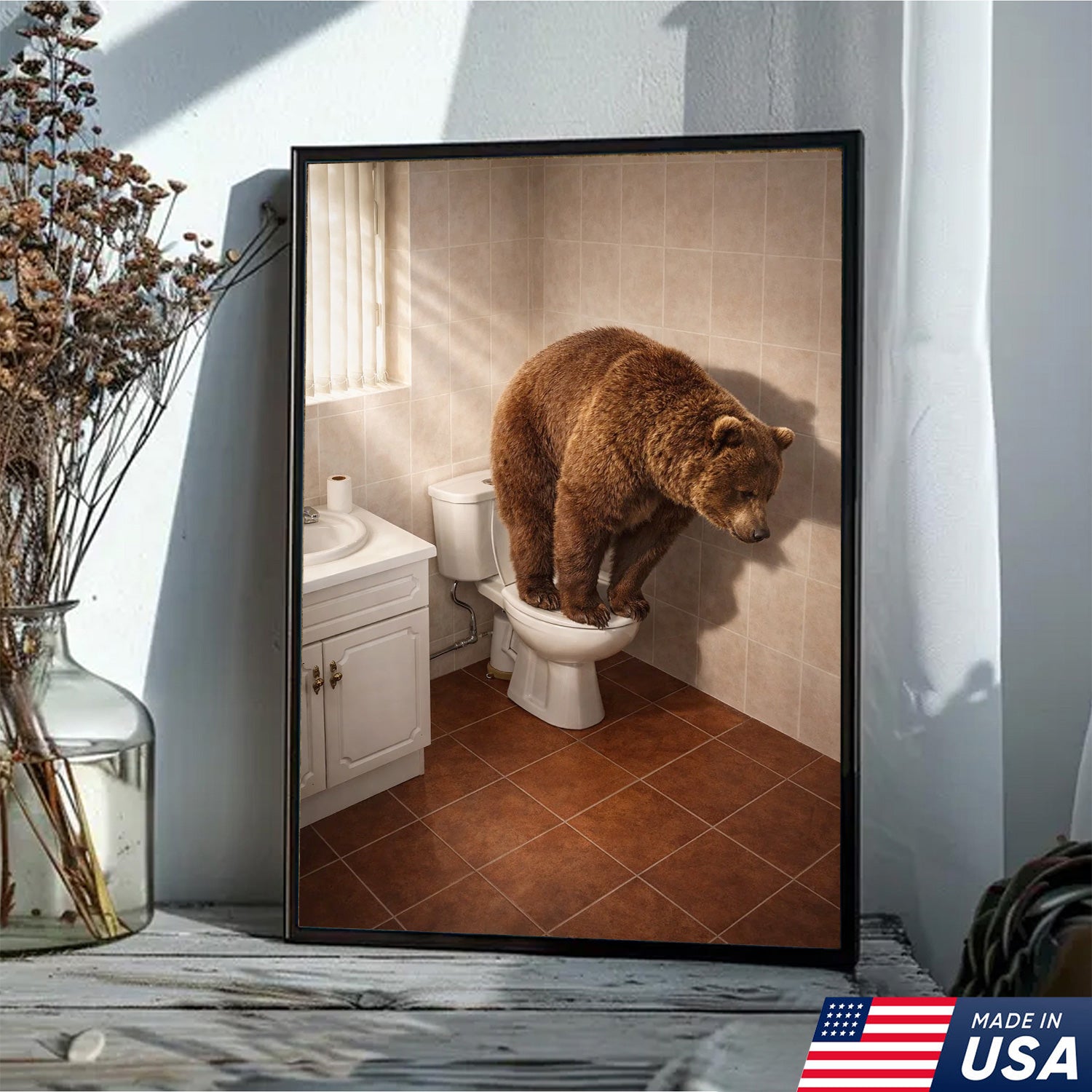 Funny Bear Toilet Canvas, Bathroom Humor Wall Art, Animal Decor