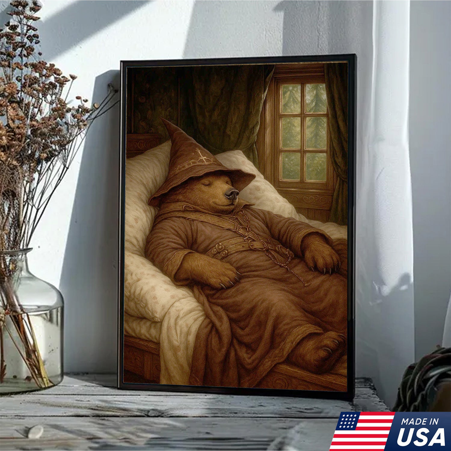 Sleeping Wizard Bear Canvas Wall Art, Cozy Fantasy Animal Poster