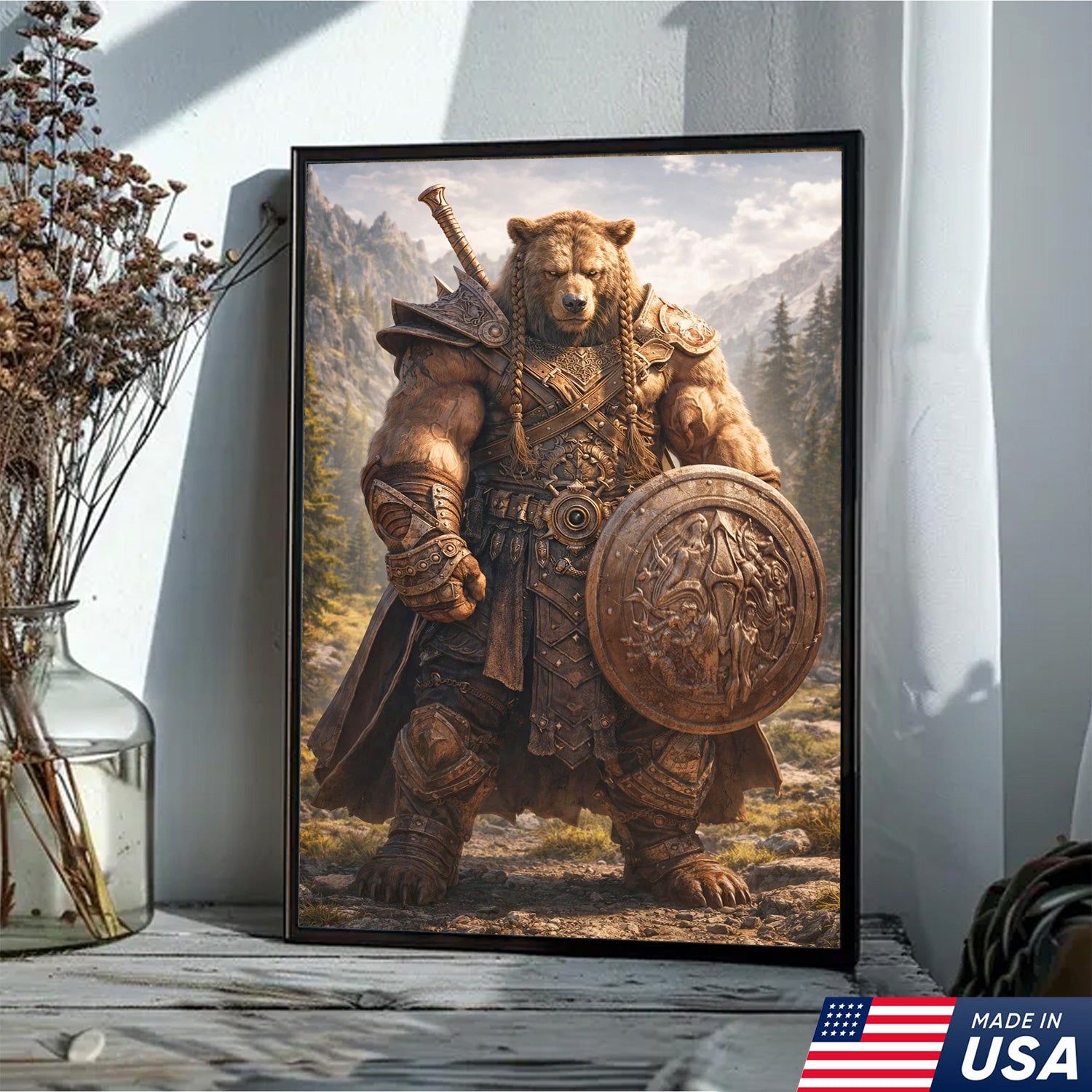 Viking Bear Warrior Canvas Wall Art – Epic Fantasy Animal Print with Sword & Shield