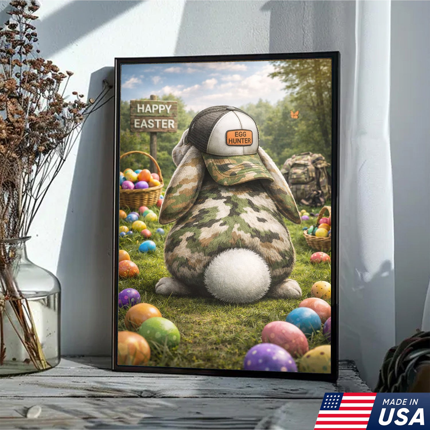 Funny Easter Bunny Hunter Canvas Wall Art, Camo Rabbit with Egg Hunter Hat