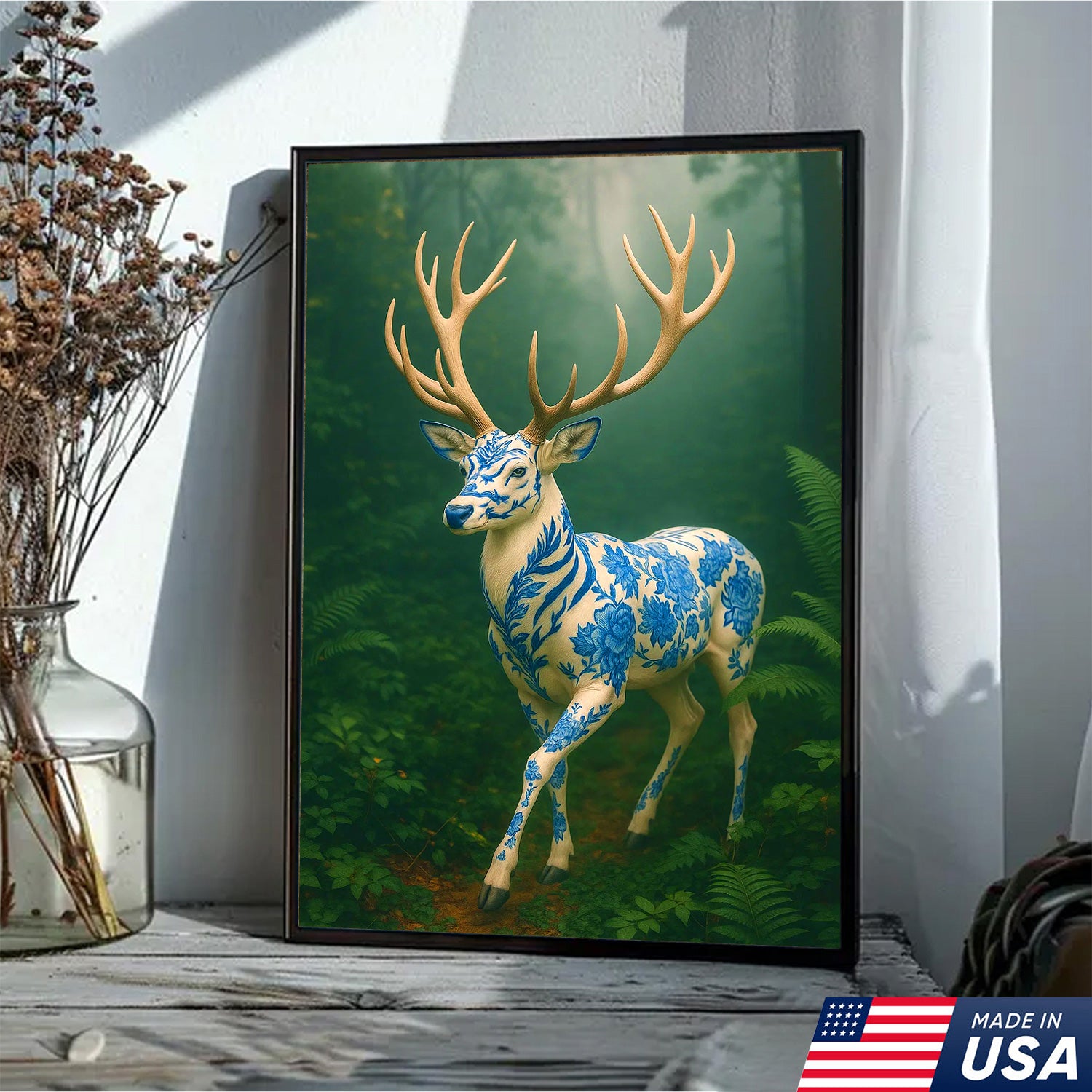 Blue Porcelain Deer Canvas, Elegant Woodland Art Print for Nature Lovers