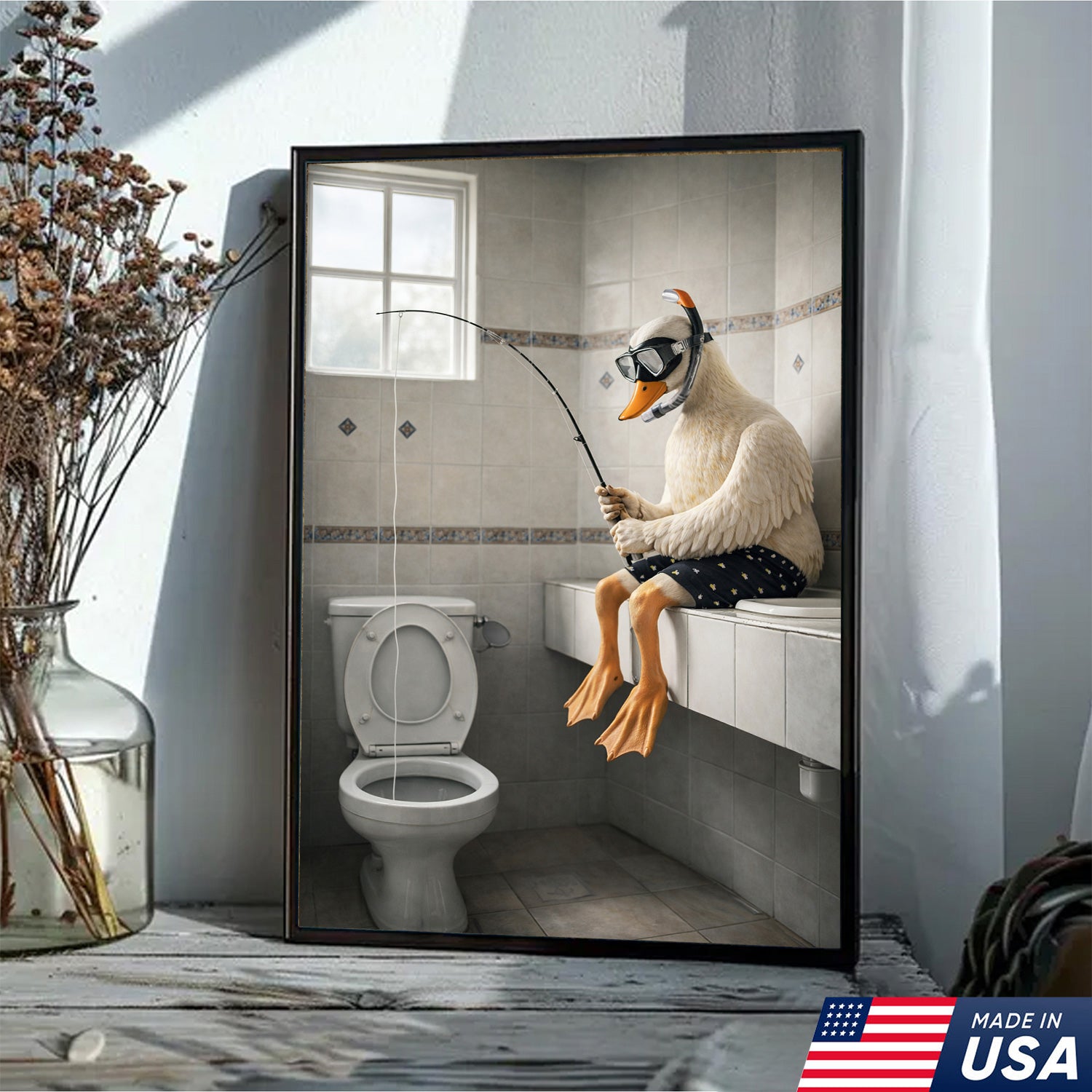 Funny Duck Fishing Canvas – Bathroom Wall Art – Meme Decor