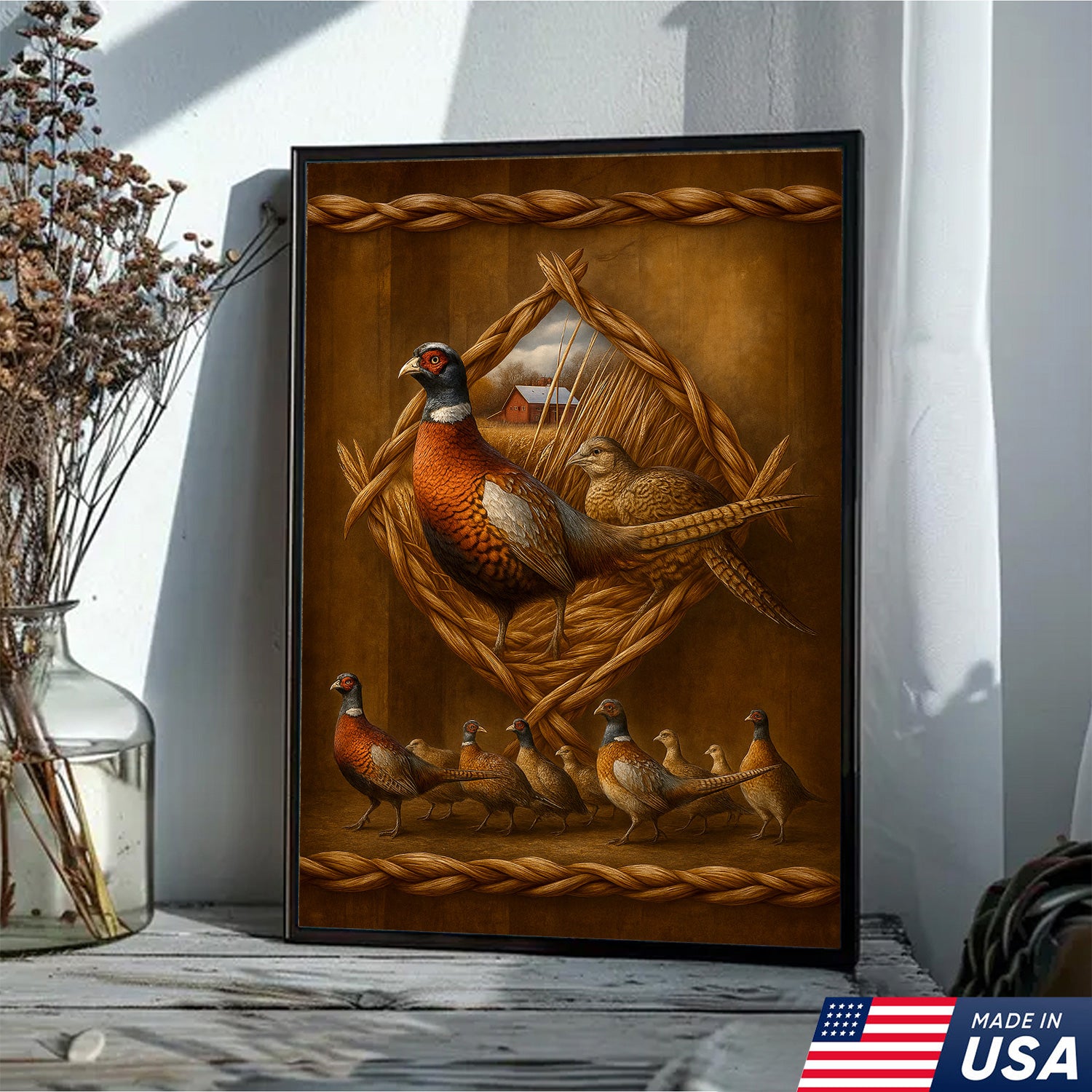 Pheasant Farmhouse Canvas Wall Art – Rustic Country Decor & Perfect Gift for Hunters