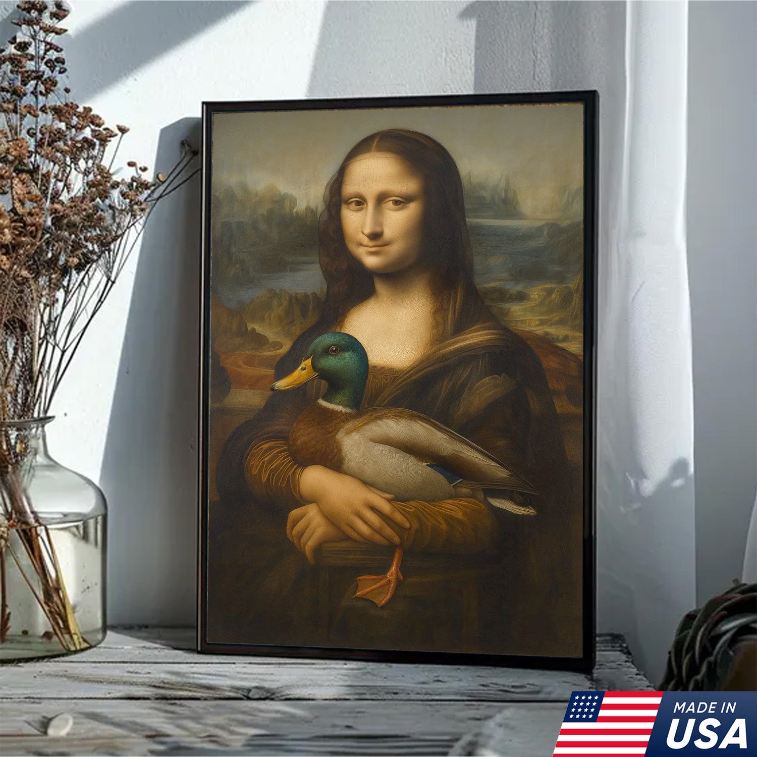 Funny Mona Lisa Duck Canvas Wall Art, Quirky Parody Painting Print for Bathroom or Office