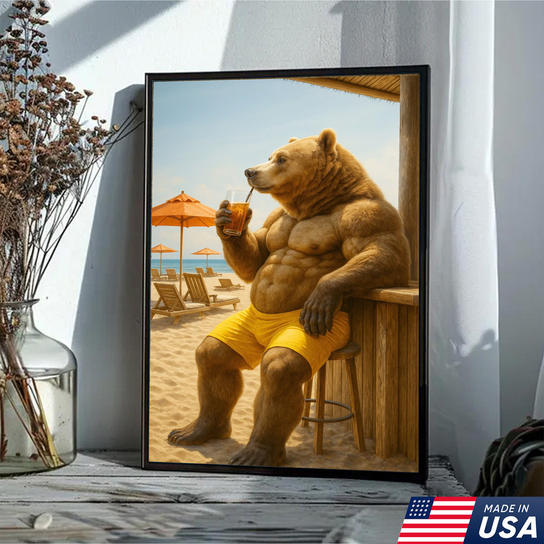 Funny Beach Bear Canvas Wall Art, Summer Vacation Animal Artwork, Humorous Muscle Bear Decor, Tropical Coastal Cabin Painting
