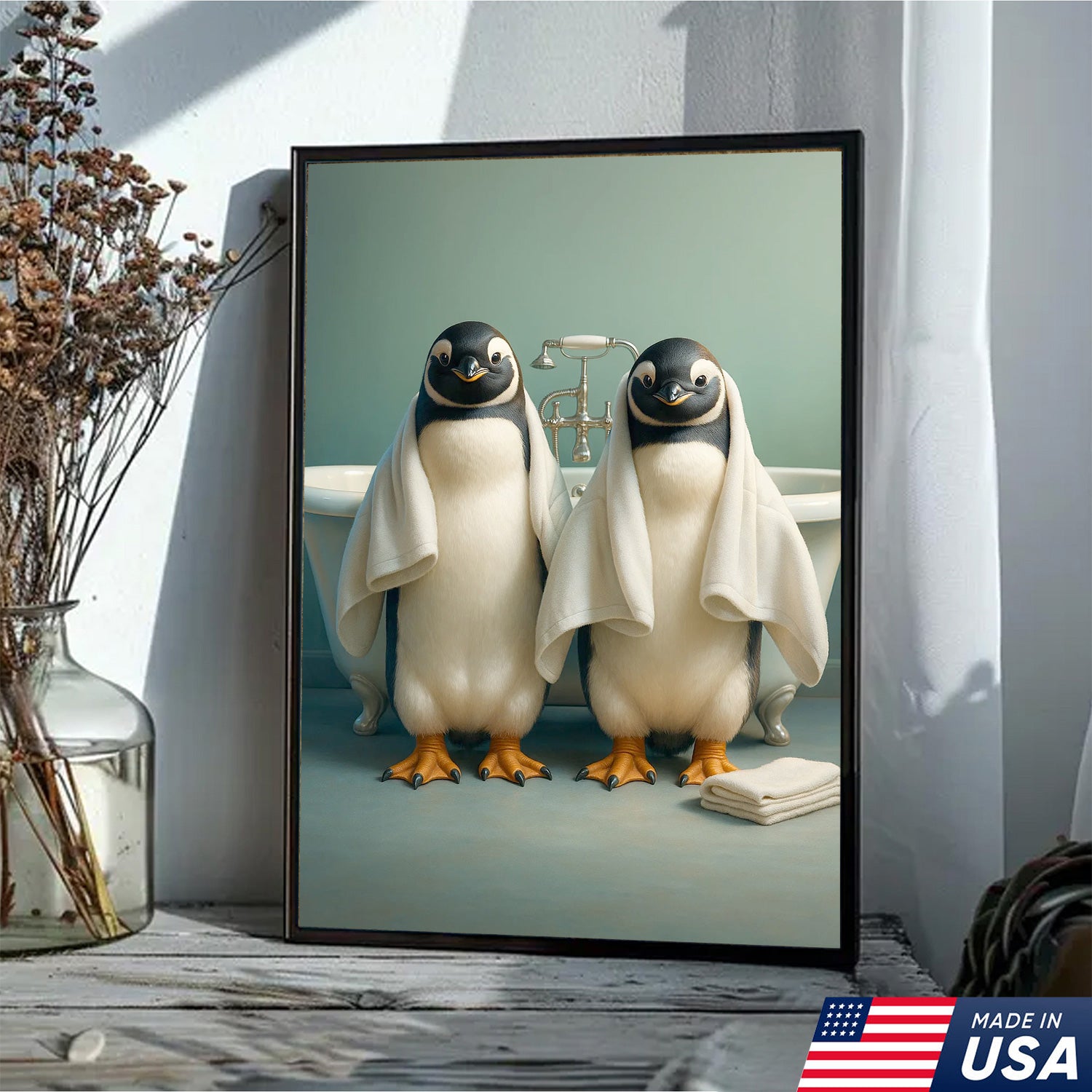 Cute Penguin Twins Bathroom Wall Art Canvas, Adorable Towel Penguins Kids Bath Decor