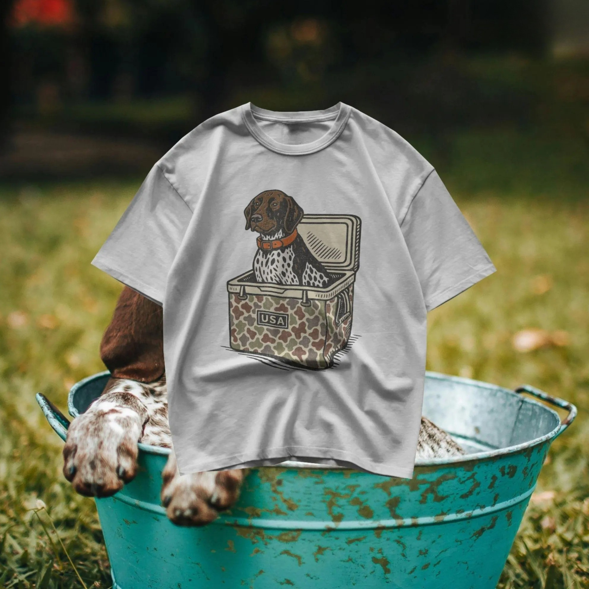 Southern Boy Hunting Dog Shirt – Funny Duck Dog in Cooler Tee - German Shorthaired Pointer Camo Cooler Shirt