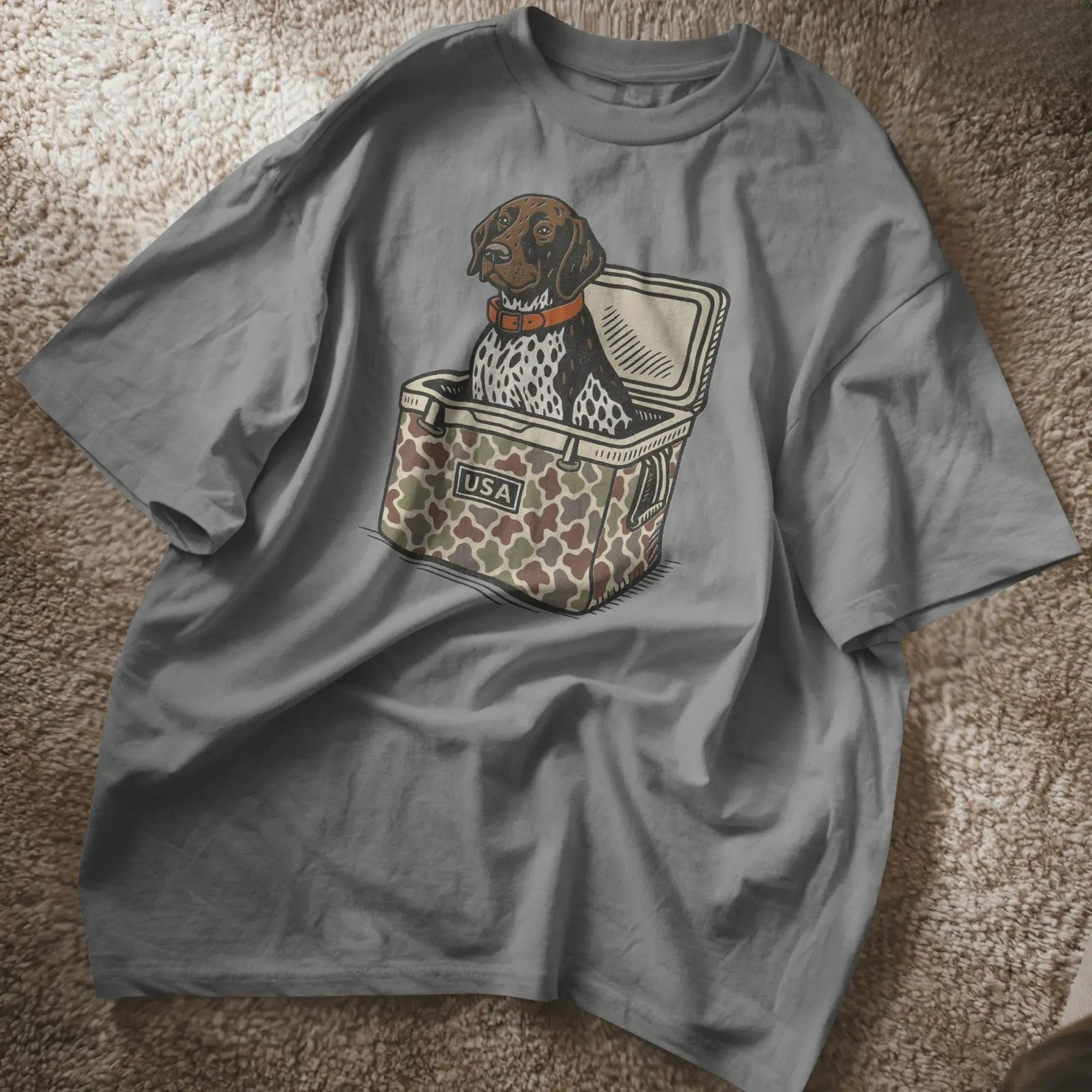 Southern Boy Hunting Dog Shirt – Funny Duck Dog in Cooler Tee - German Shorthaired Pointer Camo Cooler Shirt