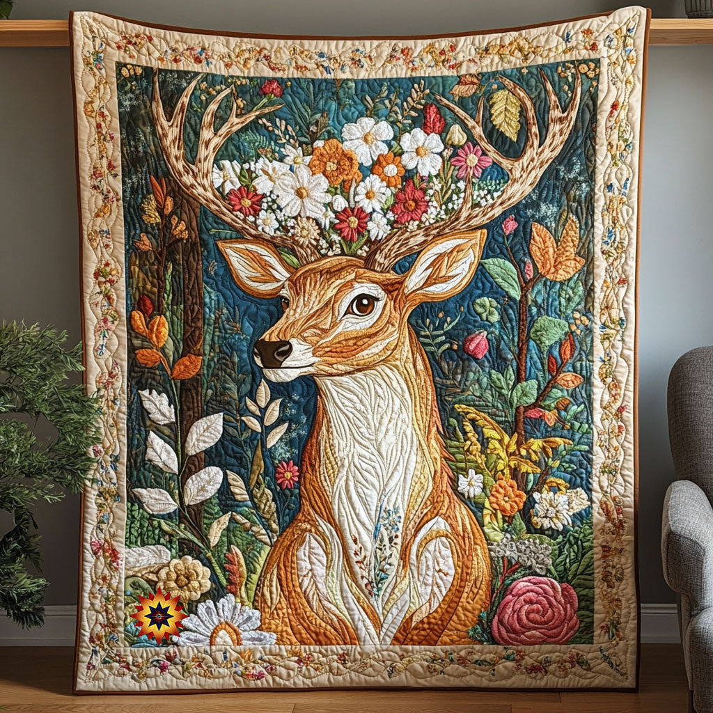 Flower Deer Woodland Retreat Quilt Blanket