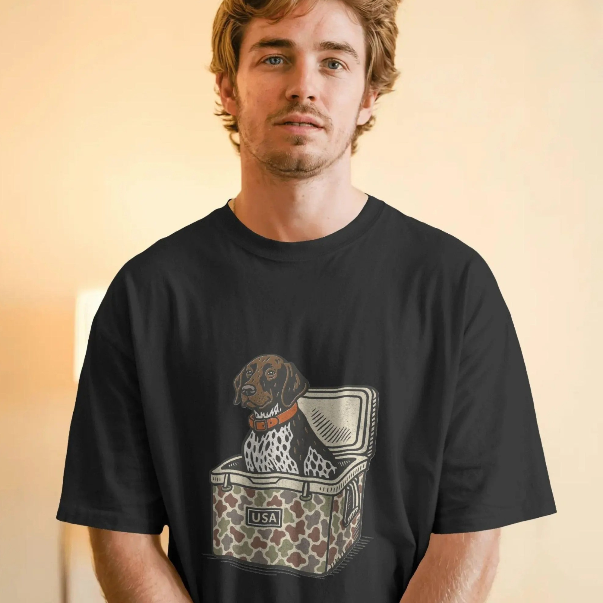 Southern Boy Hunting Dog Shirt – Funny Duck Dog in Cooler Tee - German Shorthaired Pointer Camo Cooler Shirt
