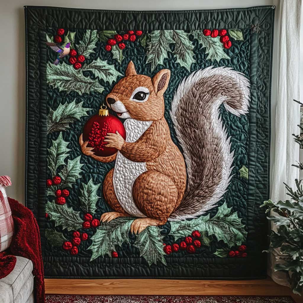 Adorable Squirrel Christmas Quilt Blanket