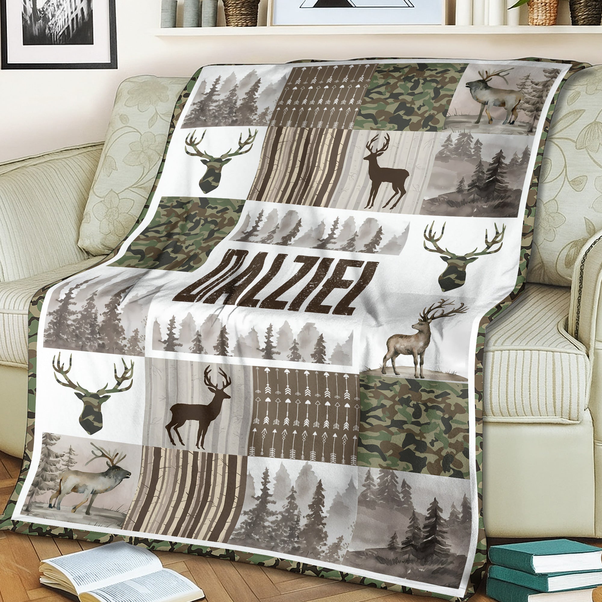 Personalized Rustic Camo Deer Blanket – Camo & Forest Patchwork Cabin Decor
