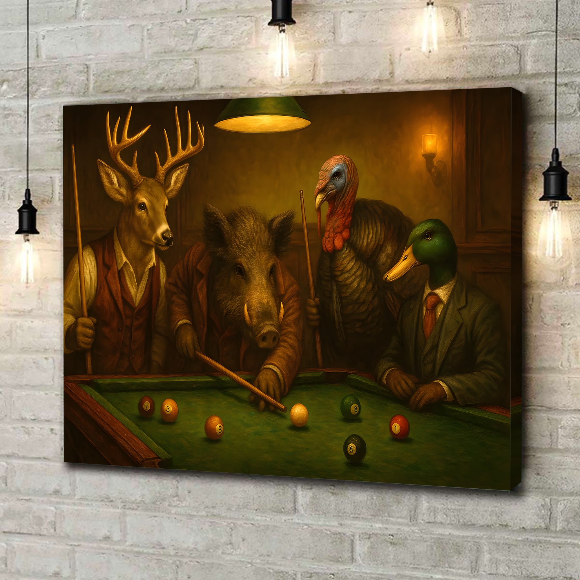 Hunter’s Billiard Crew Canvas Wall Art – Deer, Boar, Duck & Turkey Playing Pool – Rustic Hunting Cave & Lodge Decor