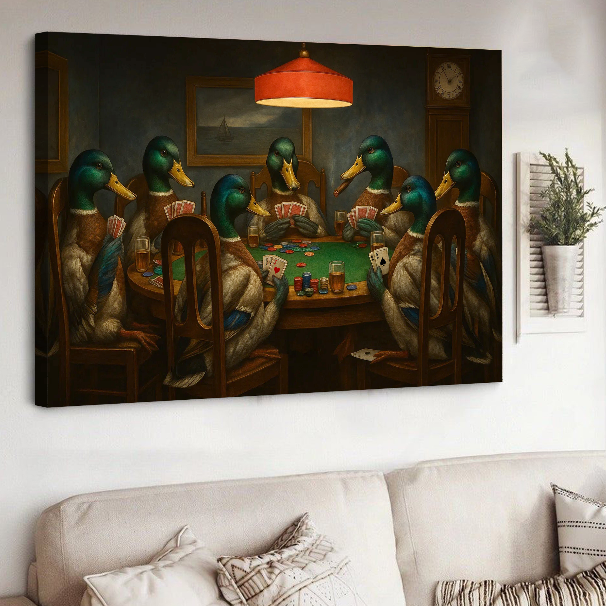 Funny Ducks Playing Poker Canvas Wall Art – Rustic Wildlife Game Night Decor – Perfect for Hunting Cabin or Man Cave