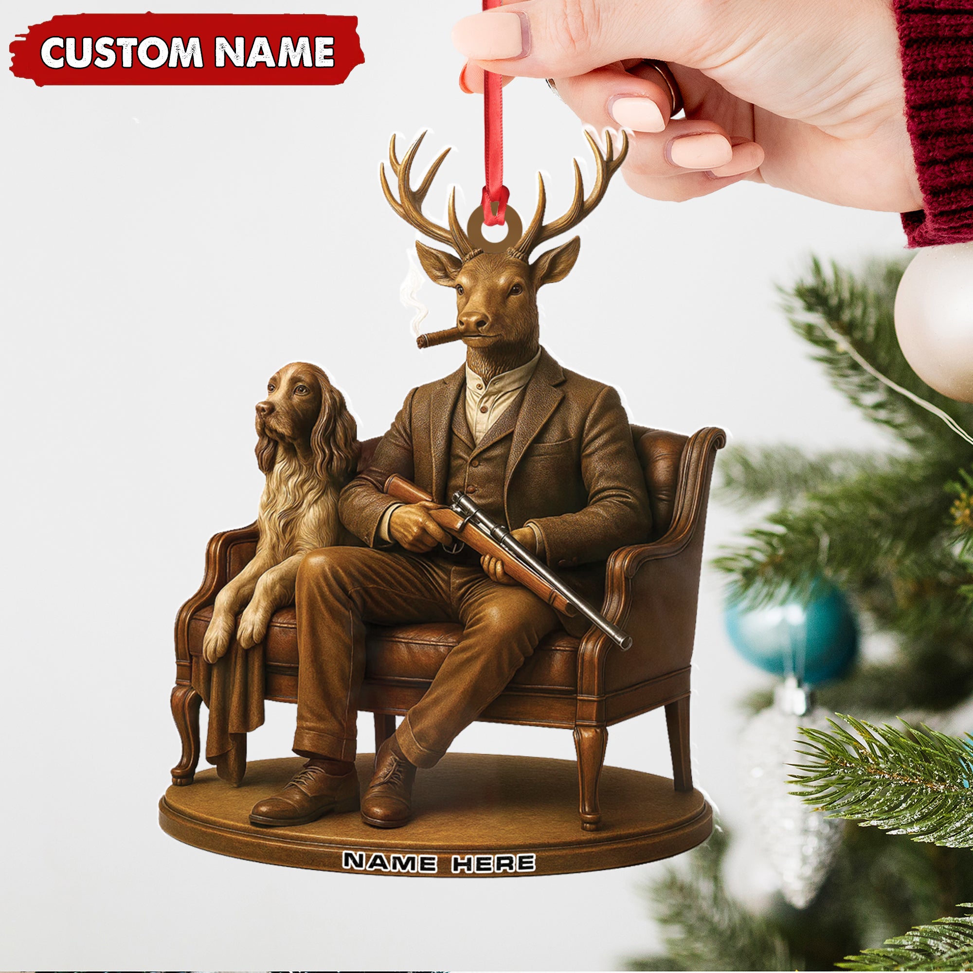 Personalized Acrylic Deer Christmas Ornament – Elegant Hunter Buck with Dog Holding Rifle Holiday Decor