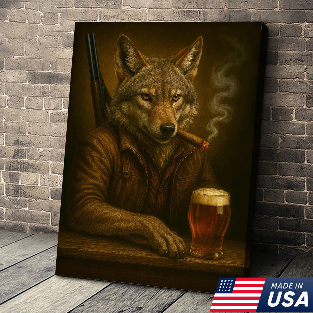 Alpha Wolf Coyote Canvas Wall Art – Fierce Surreal Portrait with Beer Glass, Bold Wilderness Decor