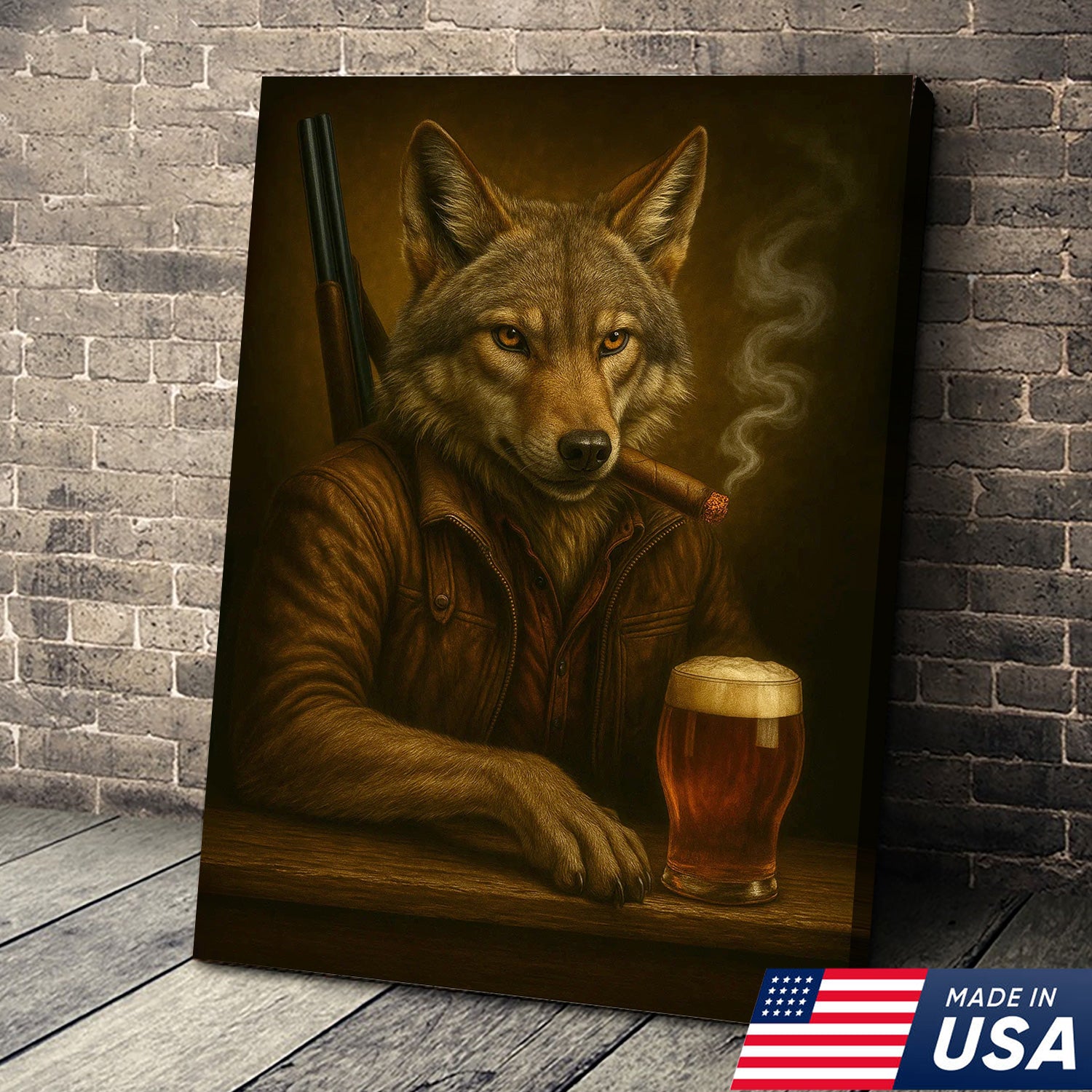 Alpha Wolf Coyote Canvas Wall Art – Fierce Surreal Portrait with Beer Glass, Bold Wilderness Decor
