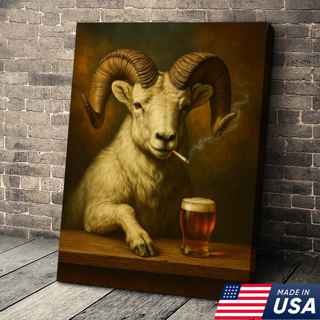 Rustic Dall Sheep Canvas Wall Art – Majestic Mountain Sheep with Beer Glass – Hunting Cabin Lodge Decor